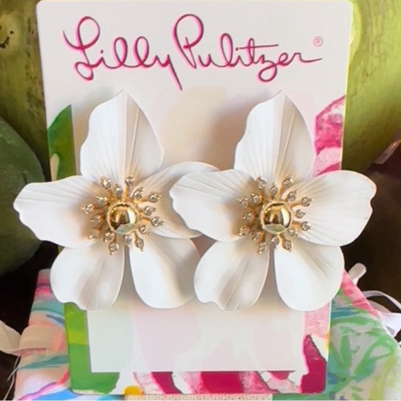 Lilly Pulitzer Jewelry - Lilly Pulitzer White and‎ Gold Orchid Earrings NWT